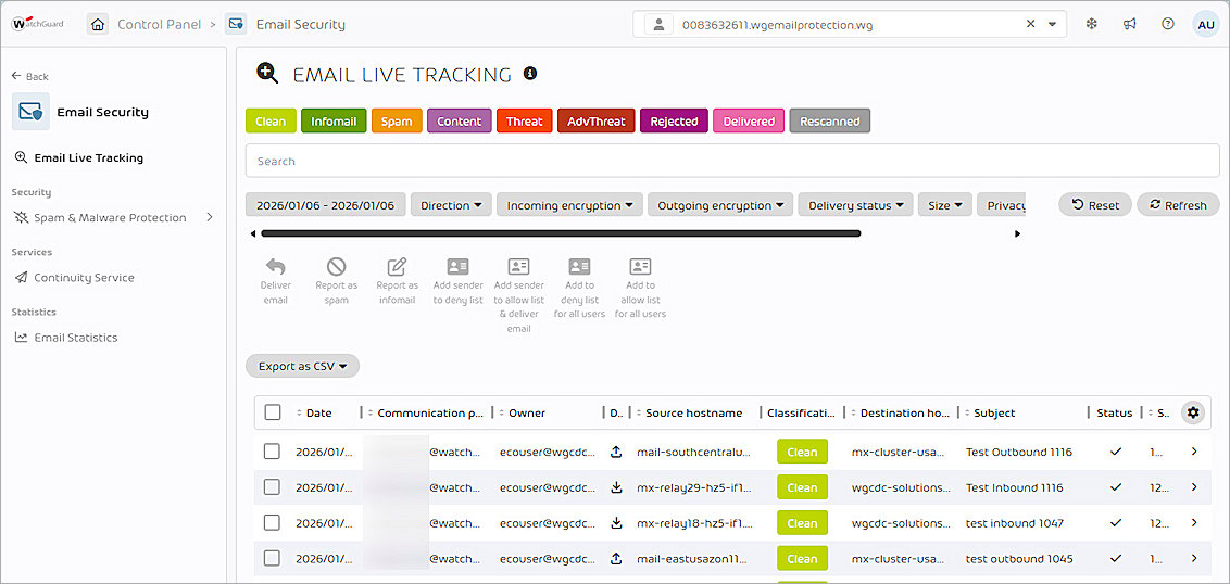 Screenshot of the Email Live Tracking page